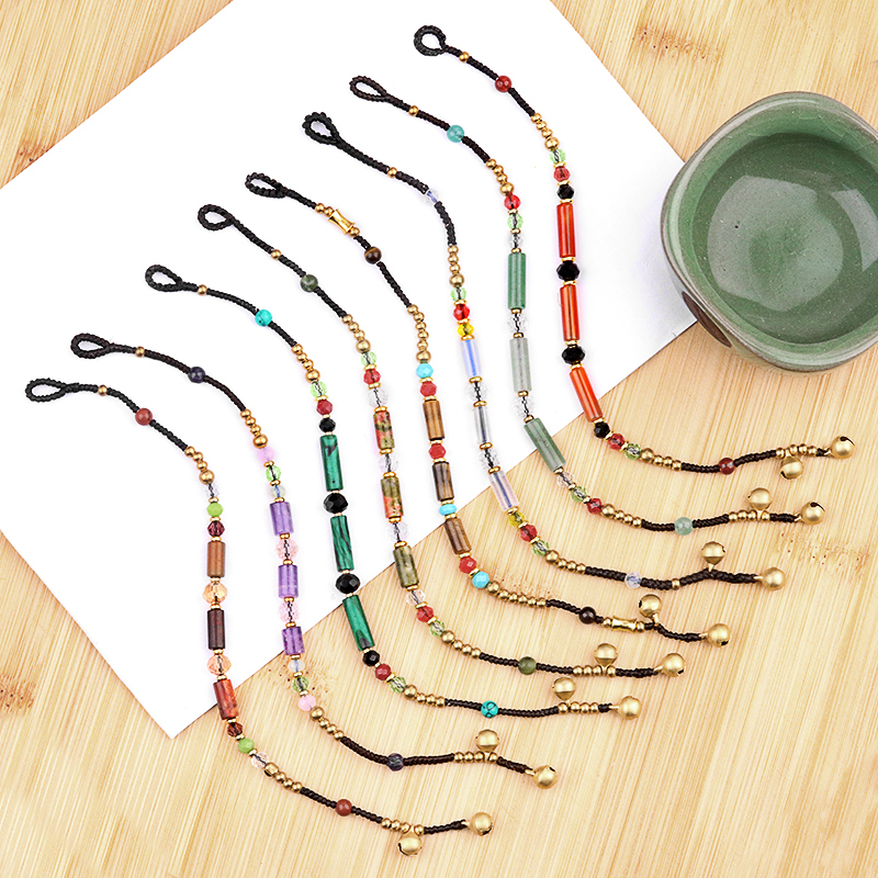 Natural Stone Tube Beads Handmade Woven Silver Bell Bracelets for Women Girls