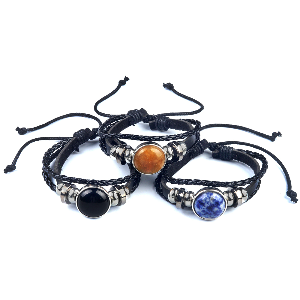 Natural Gemstone 20MM Cabs Handmade Woven Leather Bracelets for Women Men