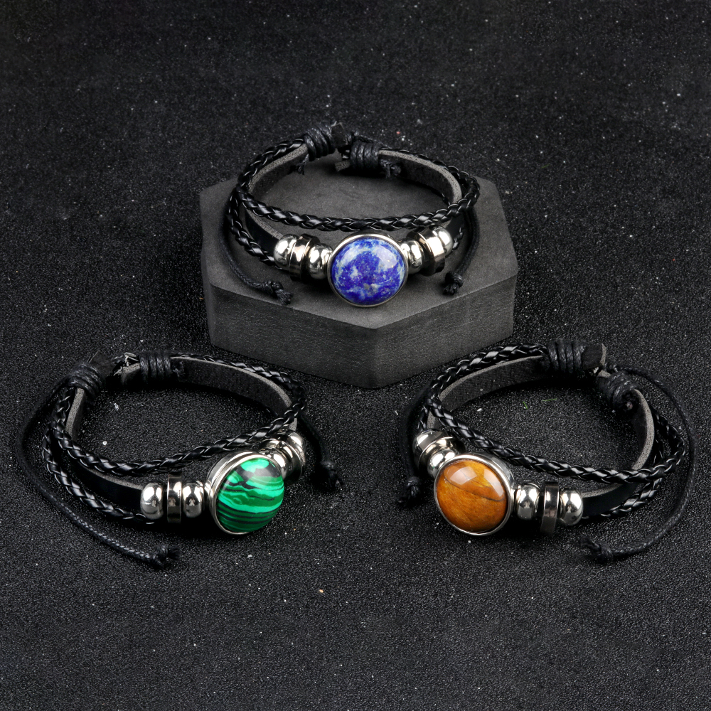 Natural Gemstone 20MM Cabs Handmade Woven Leather Bracelets for Women Men