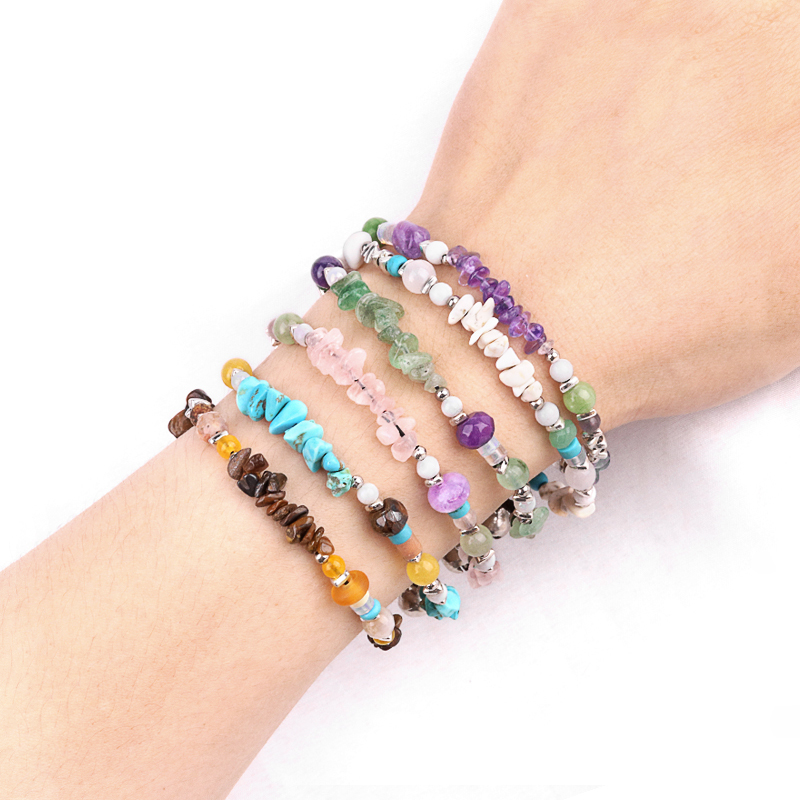 Chip Stone Beads Handmade Woven Silver Bell Bracelets for Women Girls