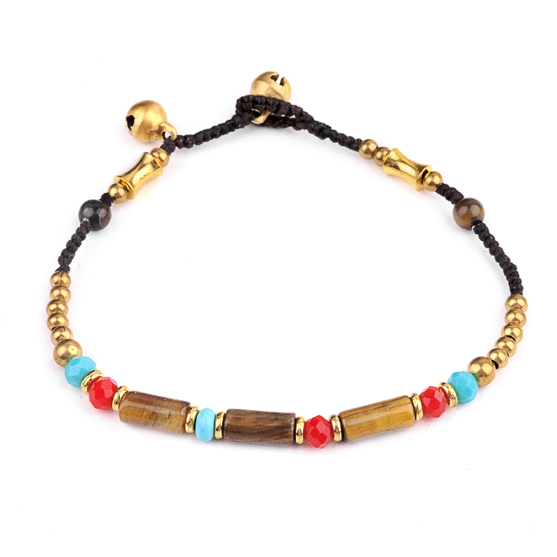 Natural Stone Tube Beads Handmade Woven Silver Bell Bracelets for Women Girls
