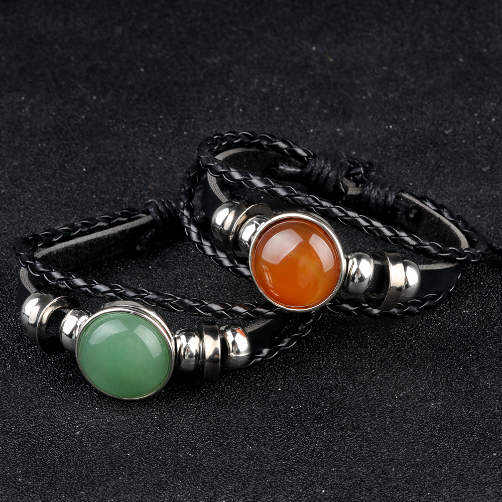 Natural Gemstone 20MM Cabs Handmade Woven Leather Bracelets for Women Men