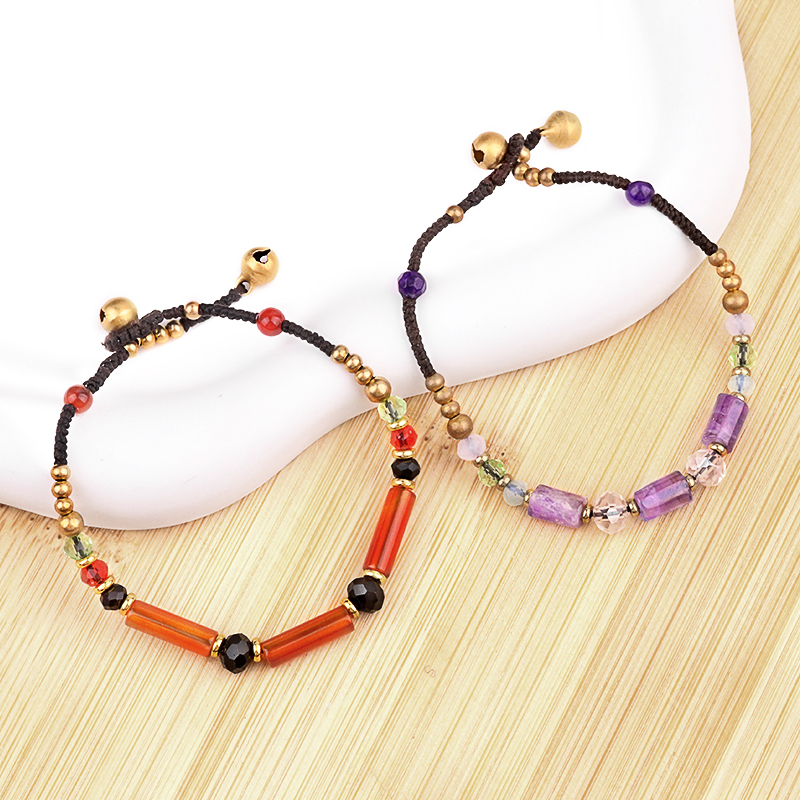 Natural Stone Tube Beads Handmade Woven Silver Bell Bracelets for Women Girls