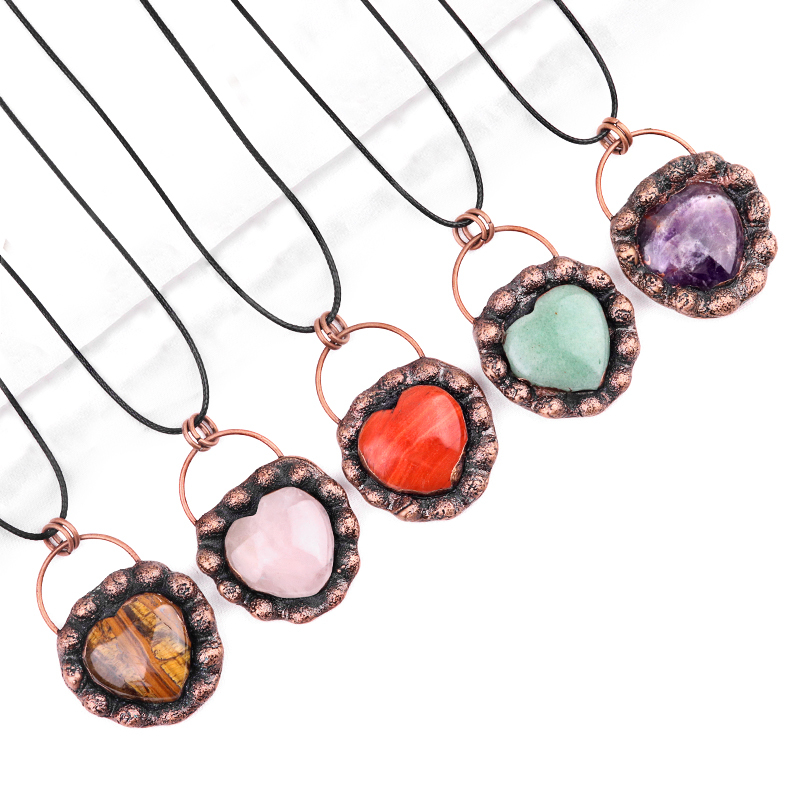 Handmade Gemstone Heart  Retro Red Copper Pendant（Approx 40-45mm）