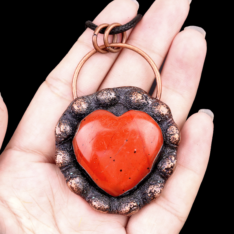 Handmade Gemstone Heart  Retro Red Copper Pendant（Approx 40-45mm）