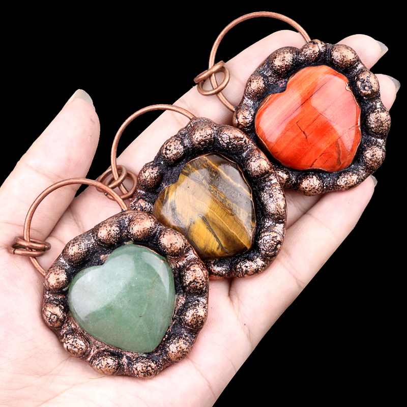 Handmade Gemstone Heart  Retro Red Copper Pendant（Approx 40-45mm）