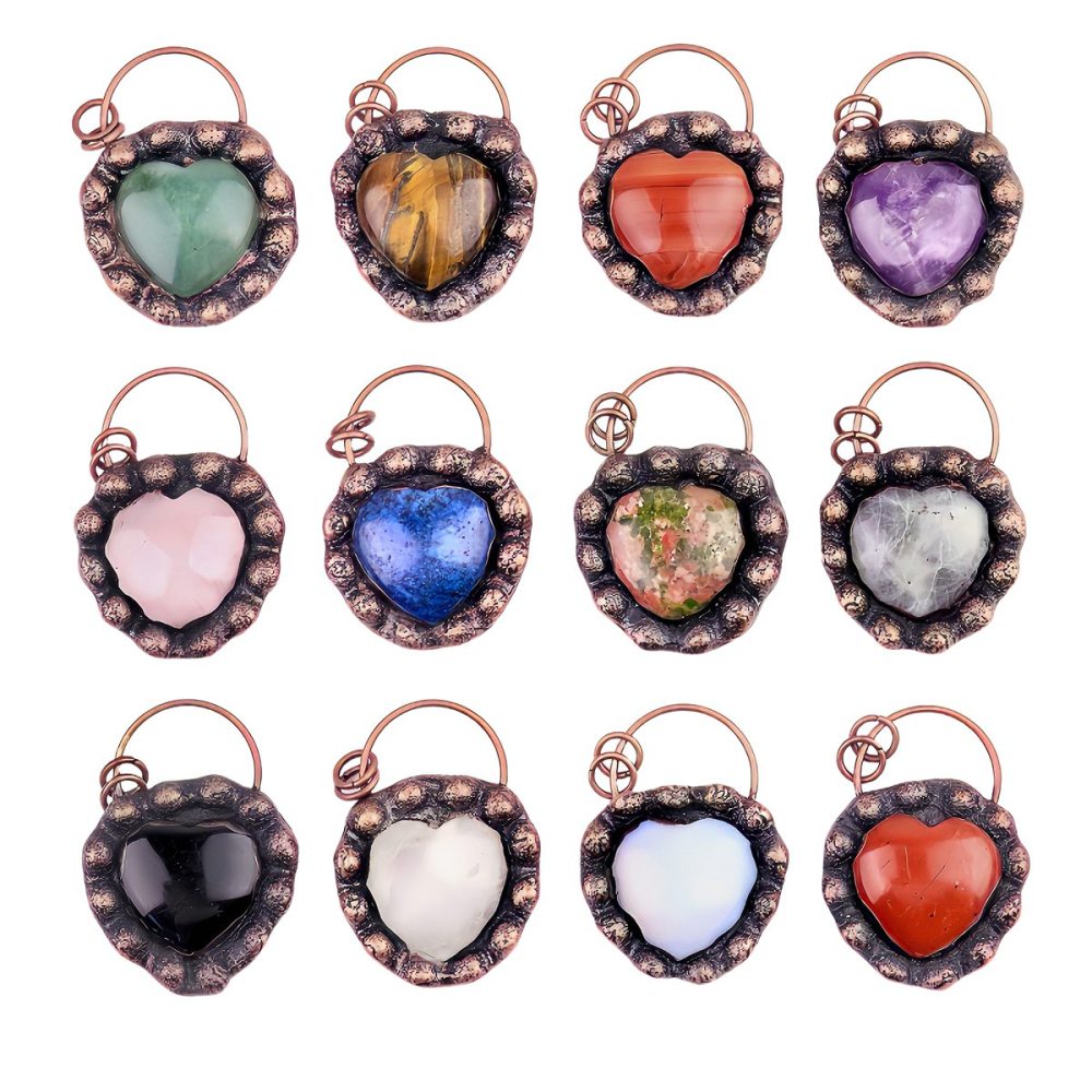 Handmade Gemstone Heart  Retro Red Copper Pendant（Approx 40-45mm）
