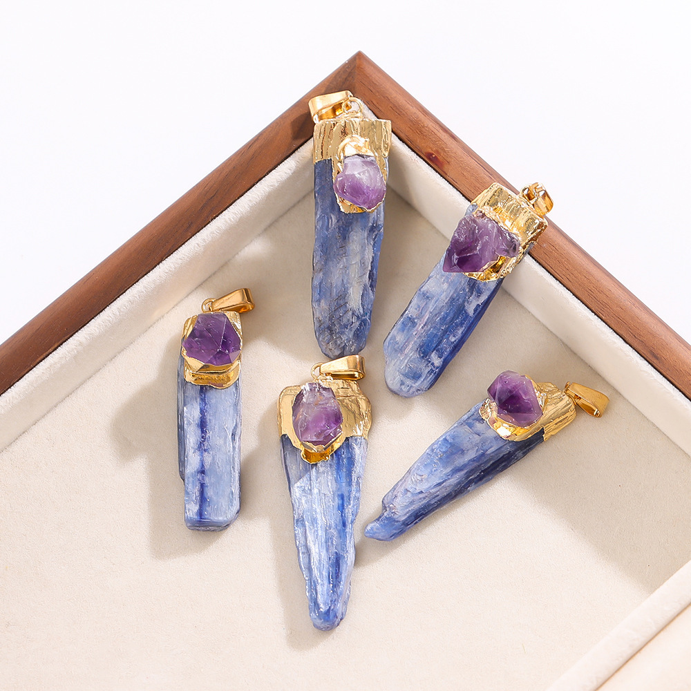Irregular Blue Kyanite Pillar Gilded Amethyst Stone Pendant Necklace