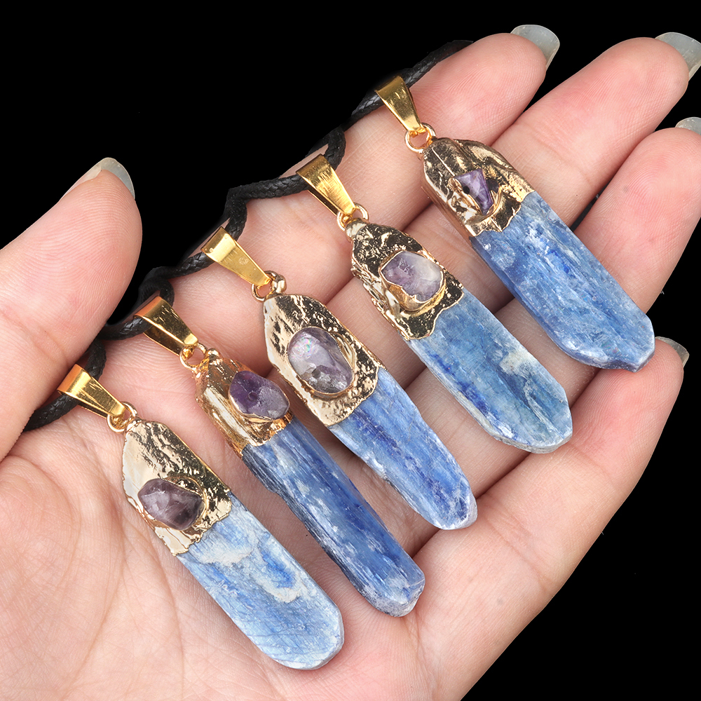 Irregular Blue Kyanite Pillar Gilded Amethyst Stone Pendant Necklace