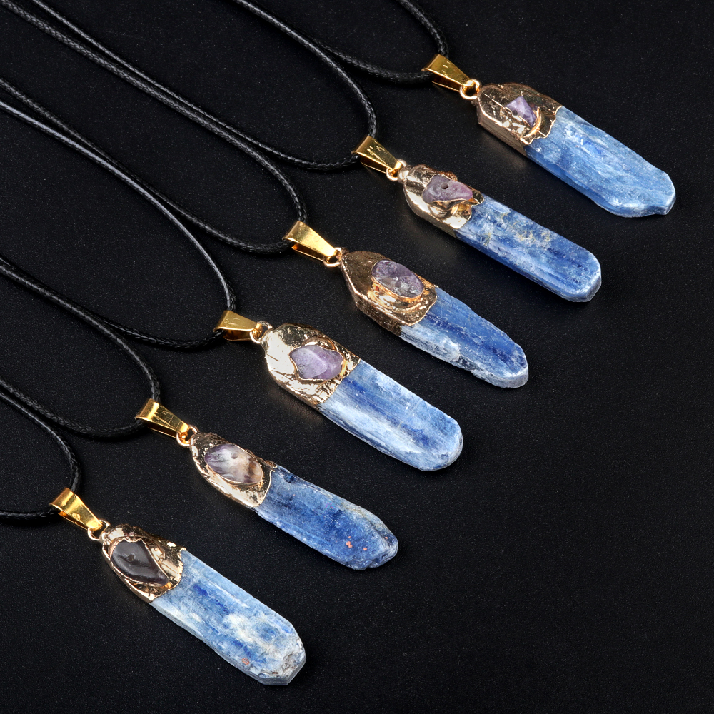 Irregular Blue Kyanite Pillar Gilded Amethyst Stone Pendant Necklace