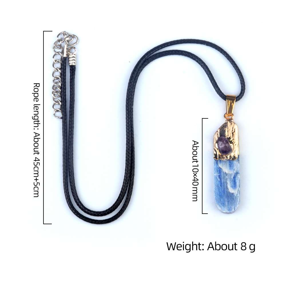 Irregular Blue Kyanite Pillar Gilded Amethyst Stone Pendant Necklace