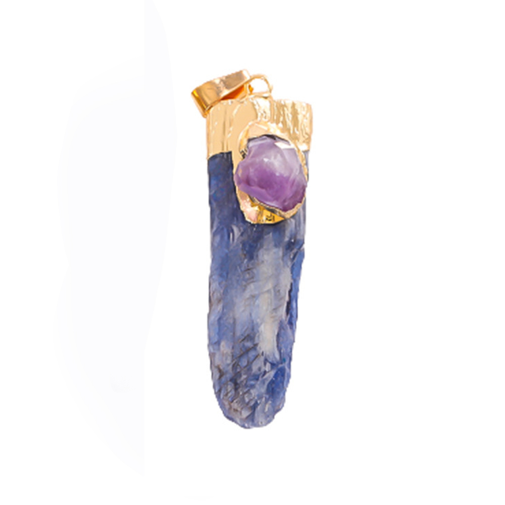 Irregular Blue Kyanite Pillar Gilded Amethyst Stone Pendant Necklace