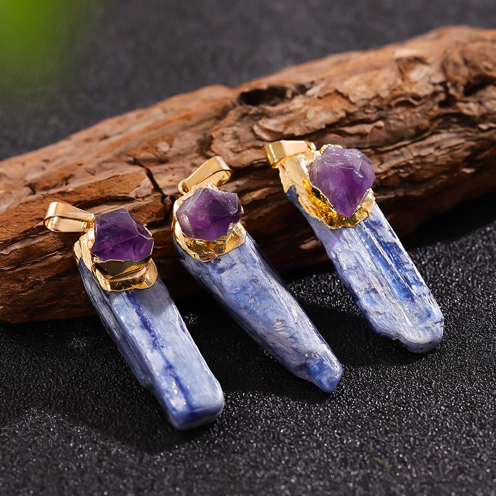 Irregular Blue Kyanite Pillar Gilded Amethyst Stone Pendant Necklace