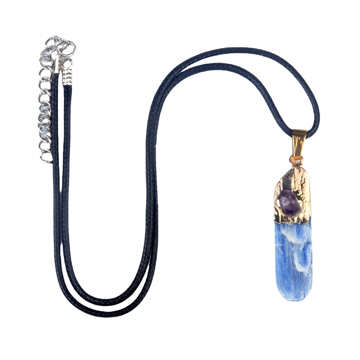 Irregular Blue Kyanite Pillar Gilded Amethyst Stone Pendant Necklace