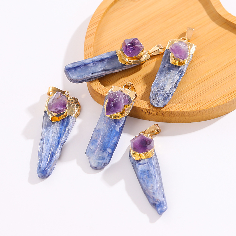 Irregular Blue Kyanite Pillar Gilded Amethyst Stone Pendant Necklace