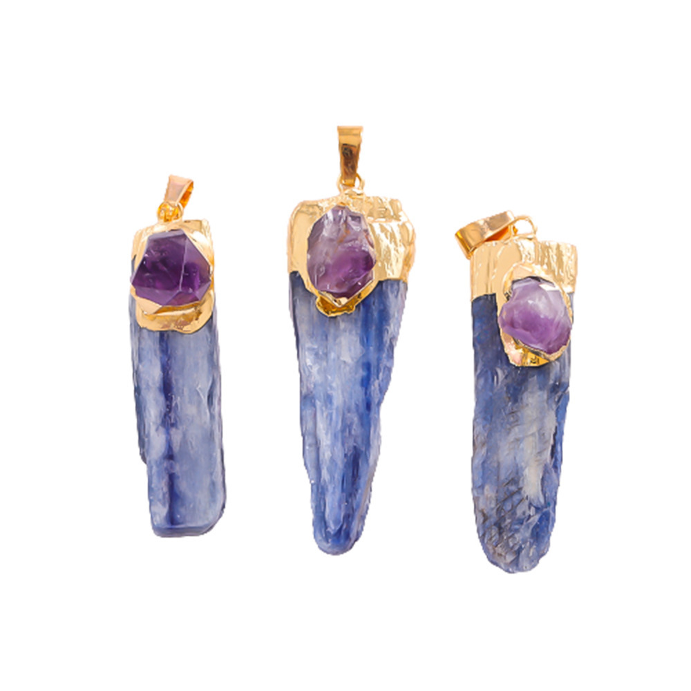 Irregular Blue Kyanite Pillar Gilded Amethyst Stone Pendant Necklace