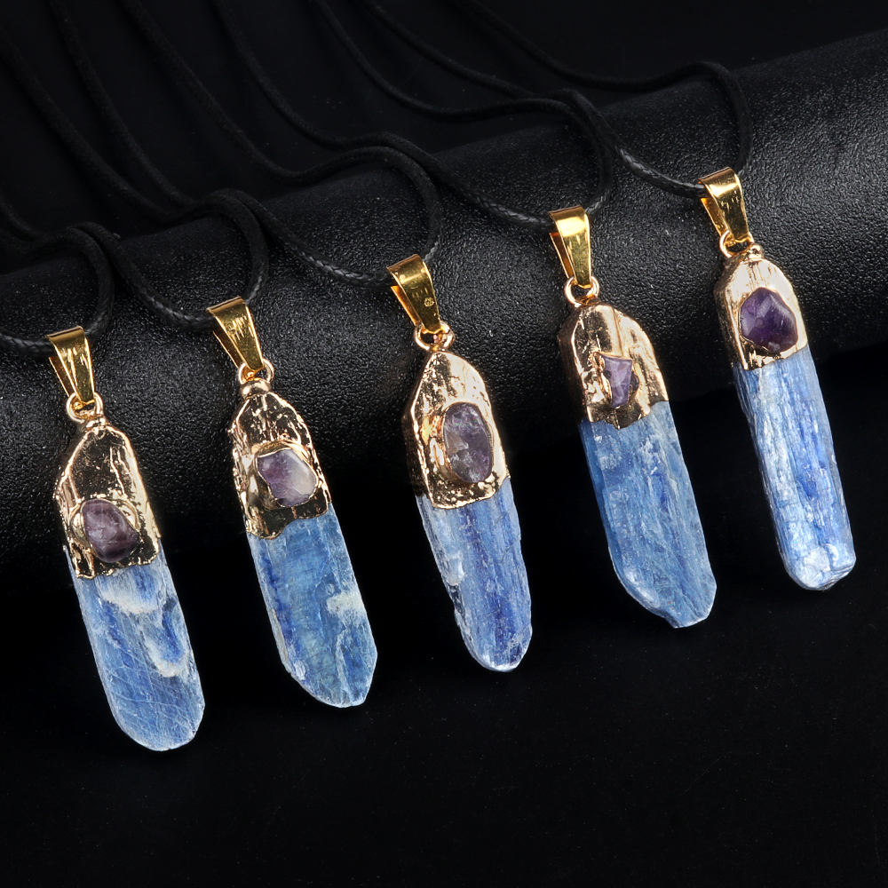 Irregular Blue Kyanite Pillar Gilded Amethyst Stone Pendant Necklace