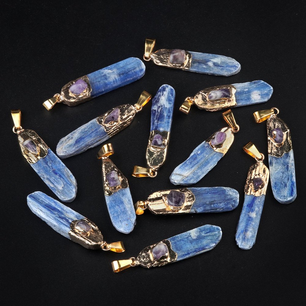 Irregular Blue Kyanite Pillar Gilded Amethyst Stone Pendant Necklace