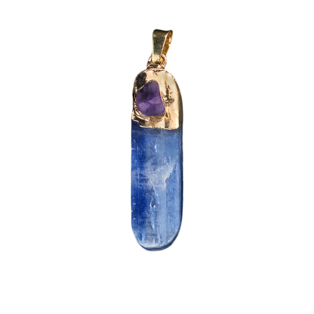 Irregular Blue Kyanite Pillar Gilded Amethyst Stone Pendant Necklace