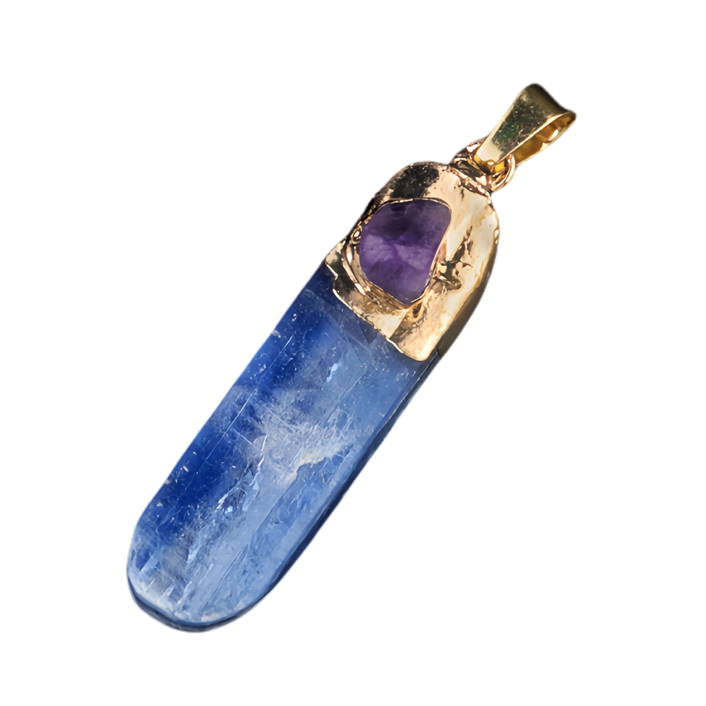 Irregular Blue Kyanite Pillar Gilded Amethyst Stone Pendant Necklace