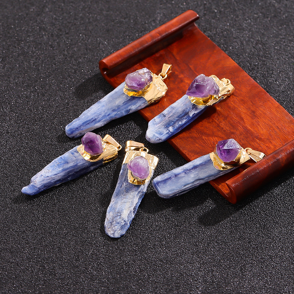 Irregular Blue Kyanite Pillar Gilded Amethyst Stone Pendant Necklace