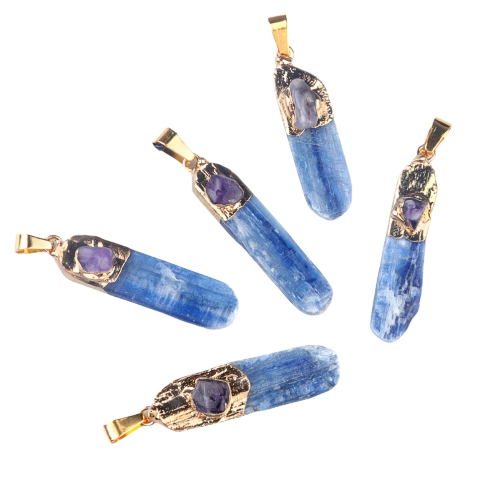 Irregular Blue Kyanite Pillar Gilded Amethyst Stone Pendant Necklace