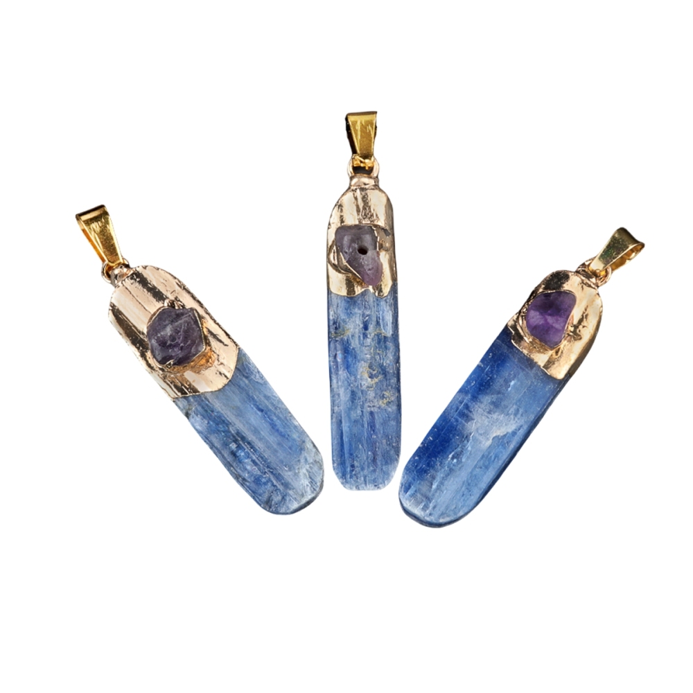 Irregular Blue Kyanite Pillar Gilded Amethyst Stone Pendant Necklace