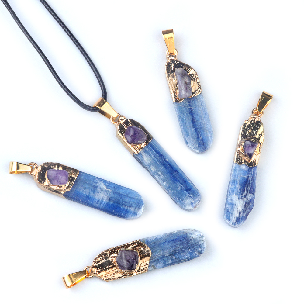 Irregular Blue Kyanite Pillar Gilded Amethyst Stone Pendant Necklace