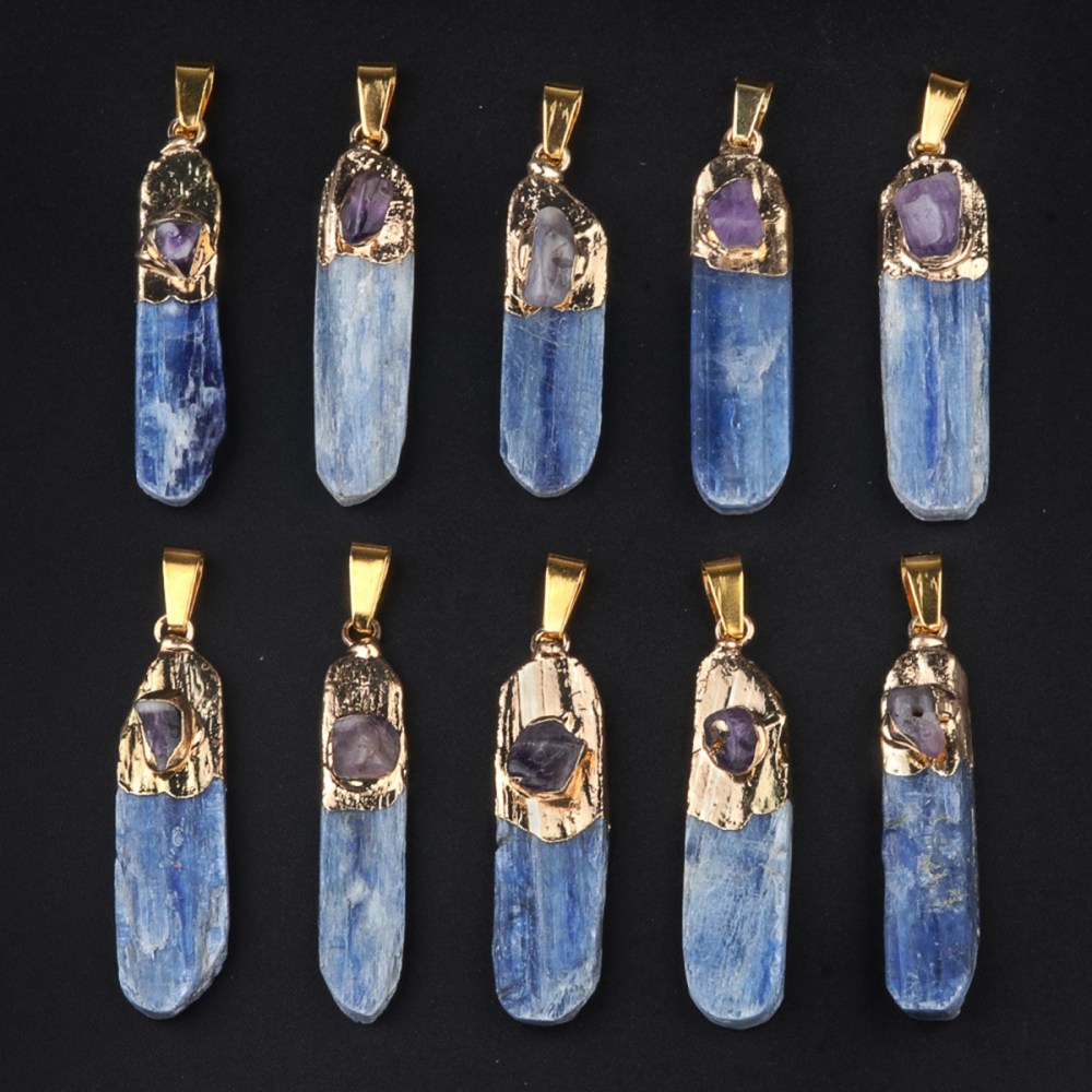 Irregular Blue Kyanite Pillar Gilded Amethyst Stone Pendant Necklace