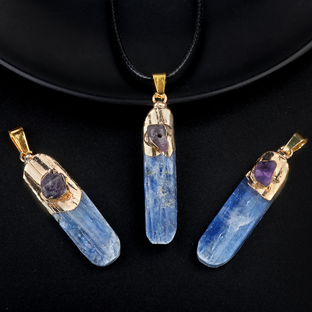 Irregular Blue Kyanite Pillar Gilded Amethyst Stone Pendant Necklace
