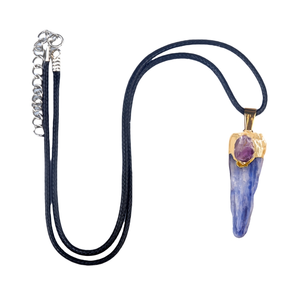 Irregular Blue Kyanite Pillar Gilded Amethyst Stone Pendant Necklace