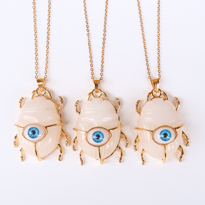 Gemstone Golden Beetle Eye Pendant Necklace 45CM Chain