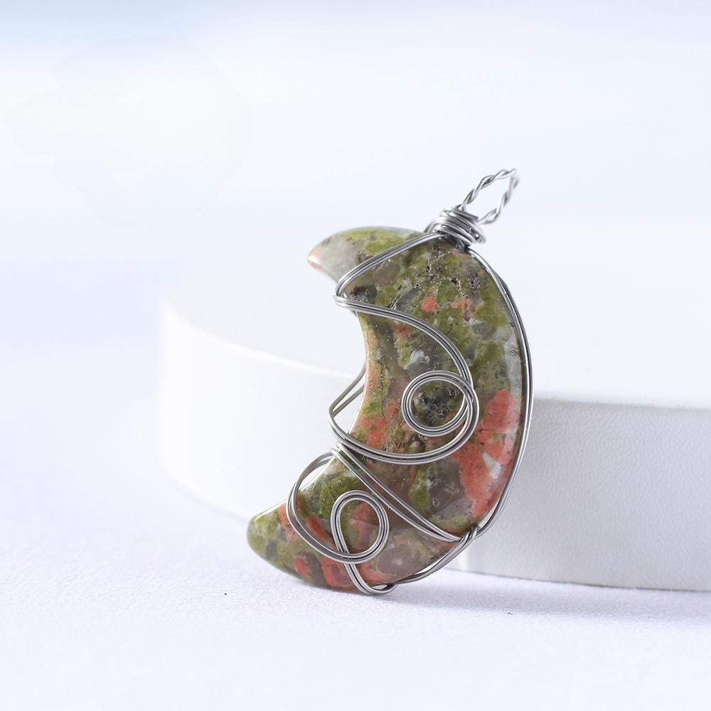 Natural Gemstone Steel Wire Moon Pendant for Making Jewelry