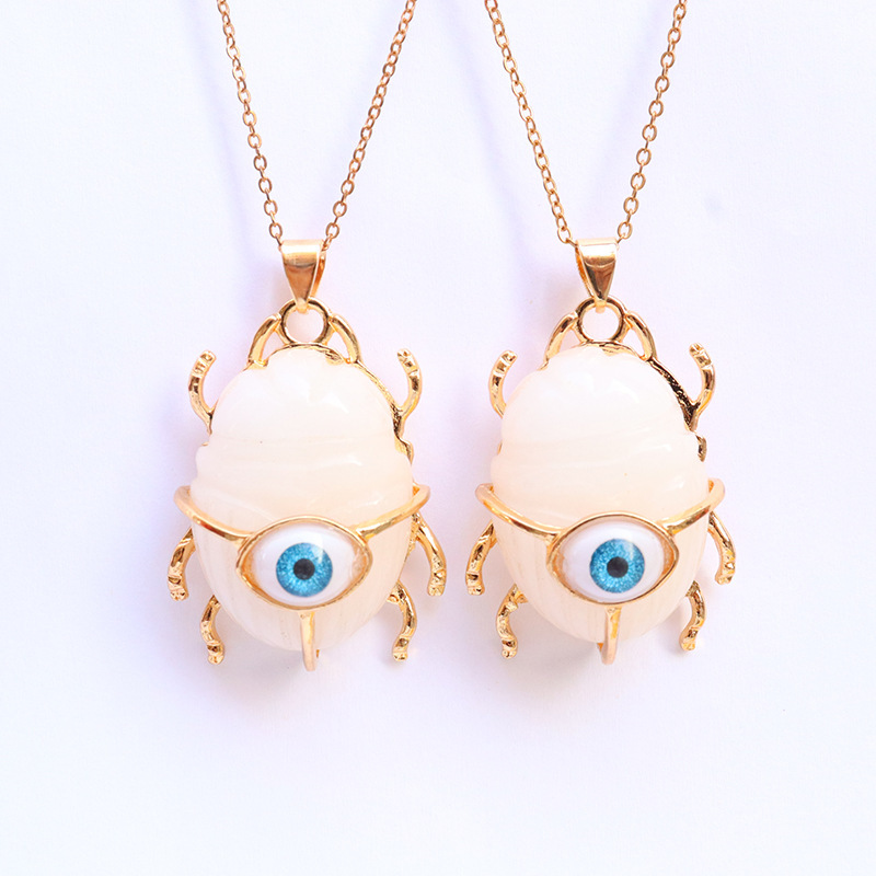Gemstone Golden Beetle Eye Pendant Necklace 45CM Chain