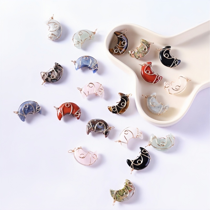 Natural Gemstone Steel Wire Moon Pendant for Making Jewelry