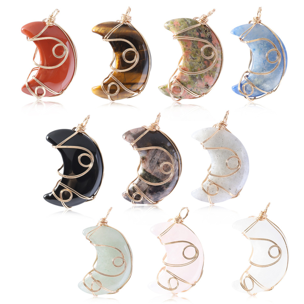 Natural Gemstone Steel Wire Moon Pendant for Making Jewelry