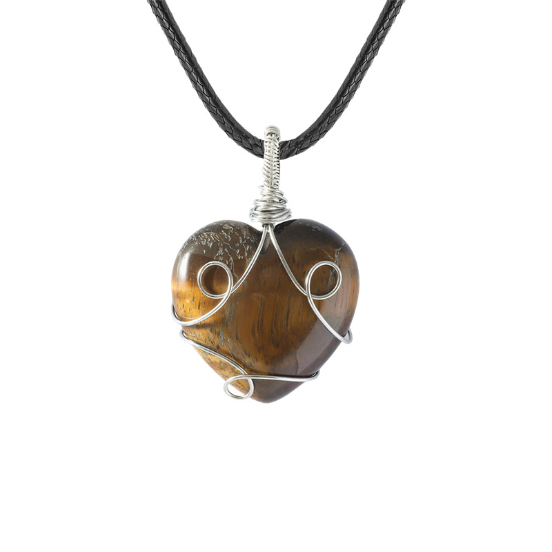 Gemstone 30MM Heart Wrapped Steel Wire Stone Pendant
