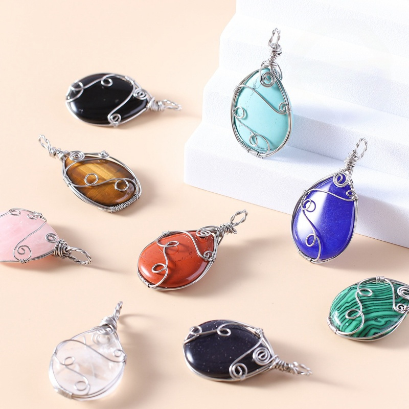 Gemstone 25x35MM Teardrop Wrapped Steel Wire Stone Pendant (28X50MM)