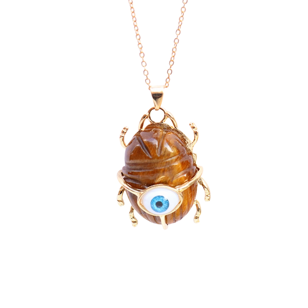 Gemstone Golden Beetle Eye Pendant Necklace 45CM Chain