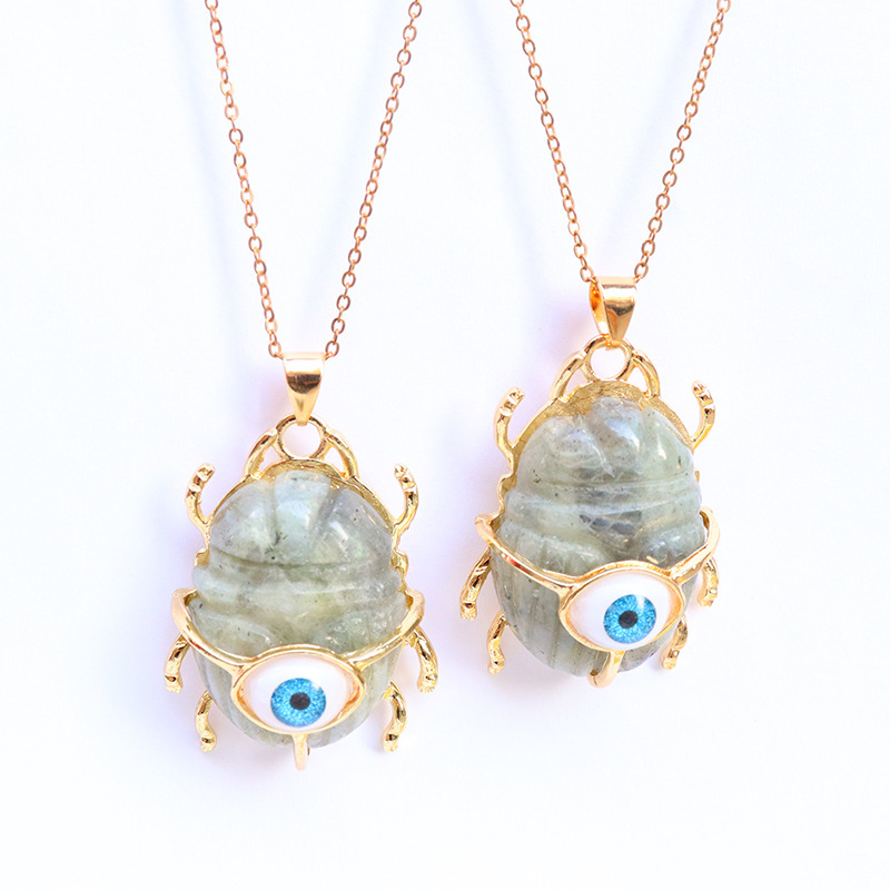Gemstone Golden Beetle Eye Pendant Necklace 45CM Chain