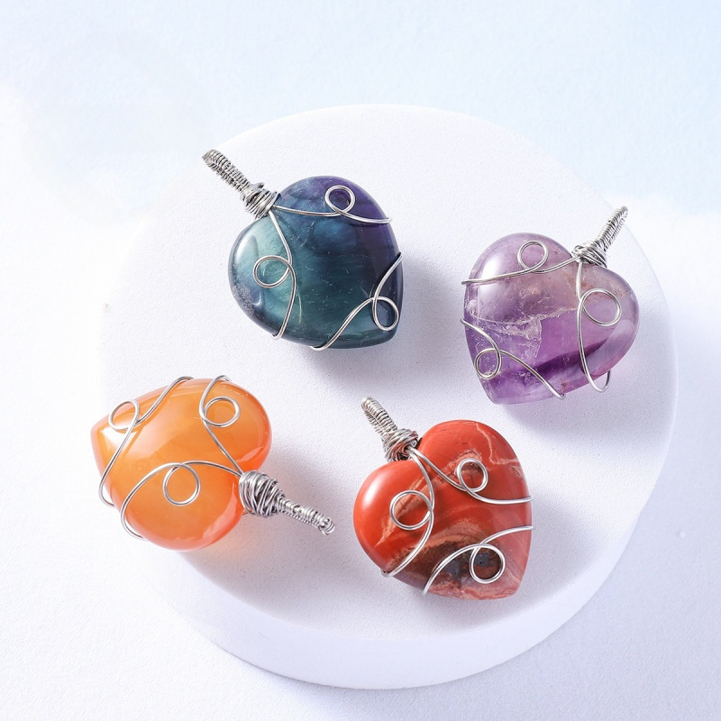 Gemstone 30MM Heart Wrapped Steel Wire Stone Pendant