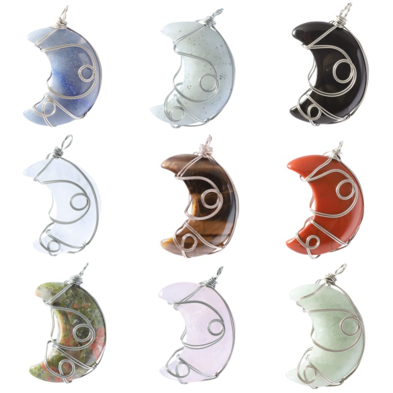 Natural Gemstone Steel Wire Moon Pendant for Making Jewelry