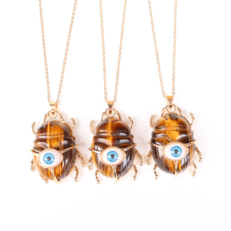Gemstone Golden Beetle Eye Pendant Necklace 45CM Chain