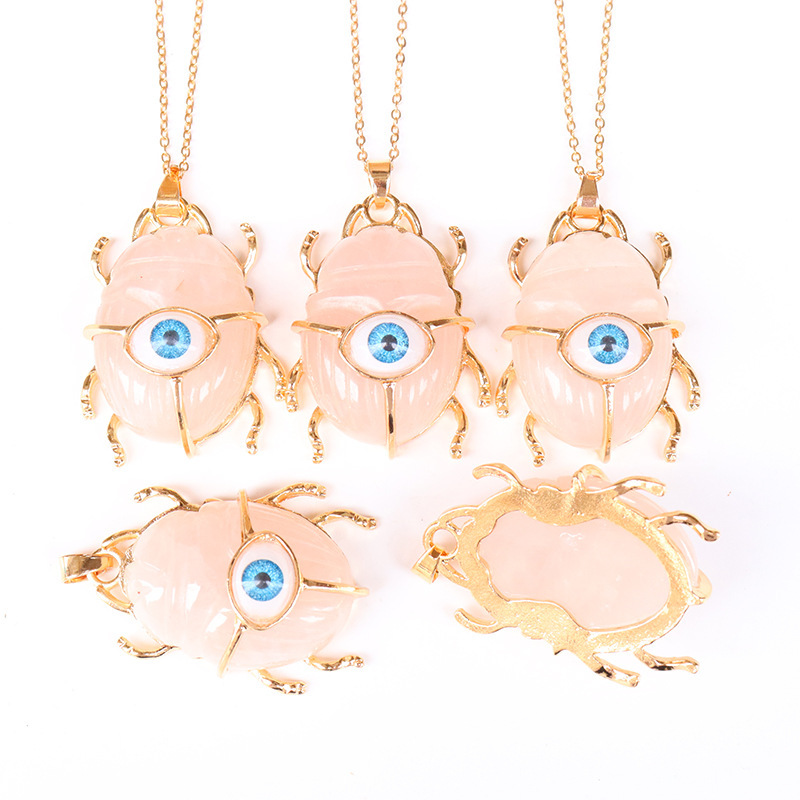 Gemstone Golden Beetle Eye Pendant Necklace 45CM Chain