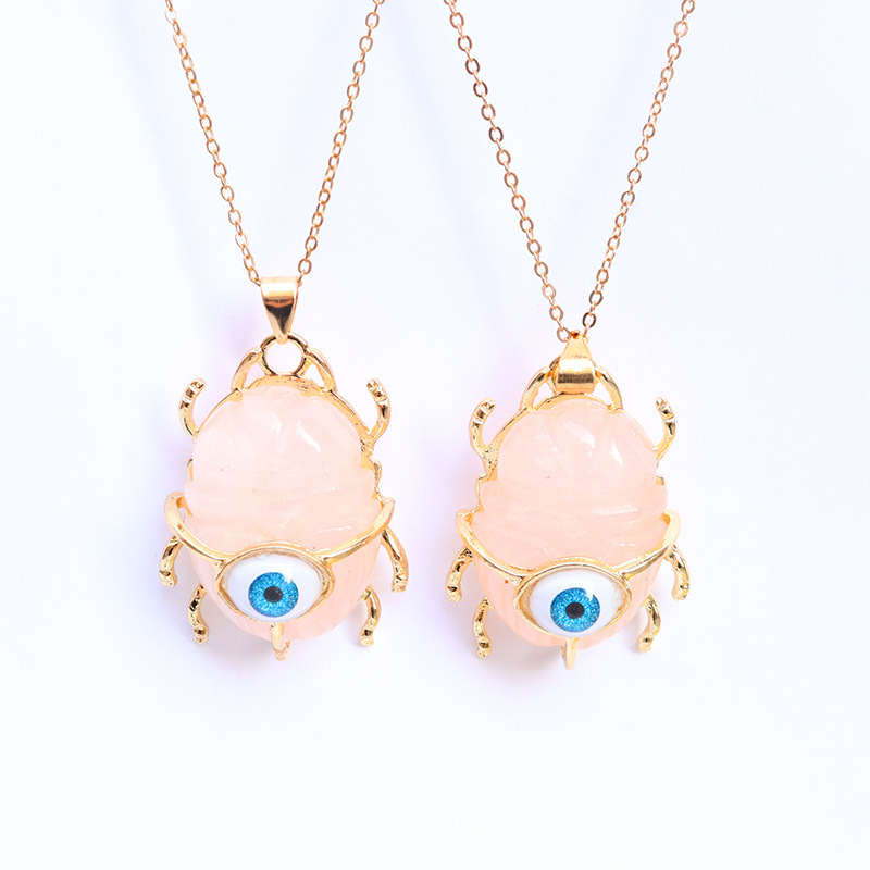 Gemstone Golden Beetle Eye Pendant Necklace 45CM Chain