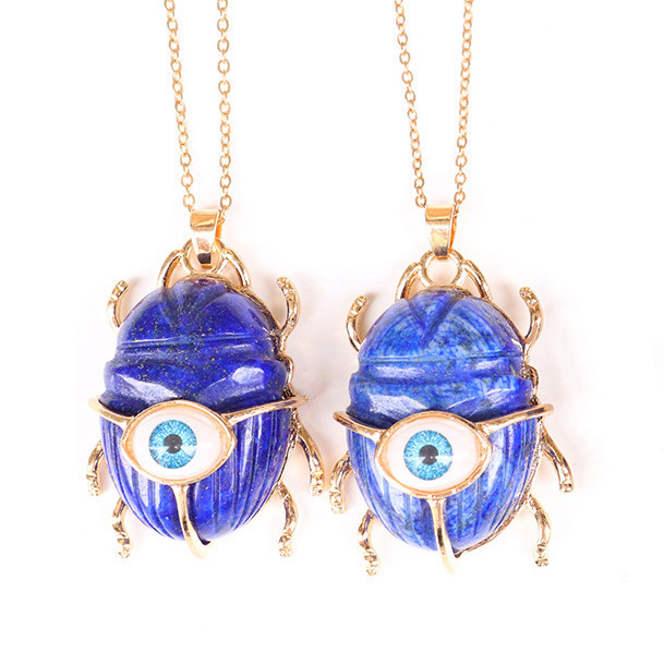 Gemstone Golden Beetle Eye Pendant Necklace 45CM Chain