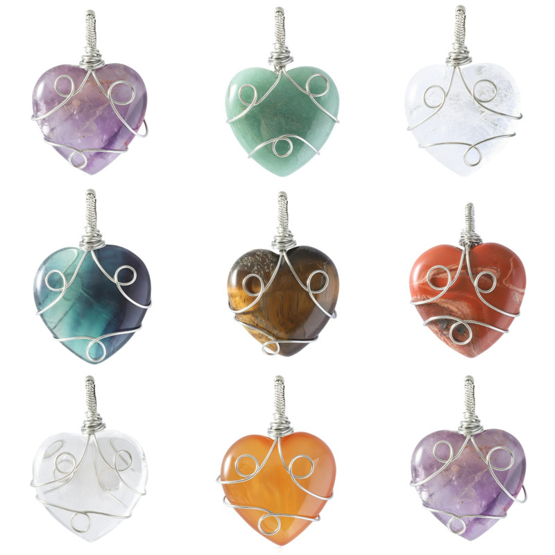 Gemstone 30MM Heart Wrapped Steel Wire Stone Pendant