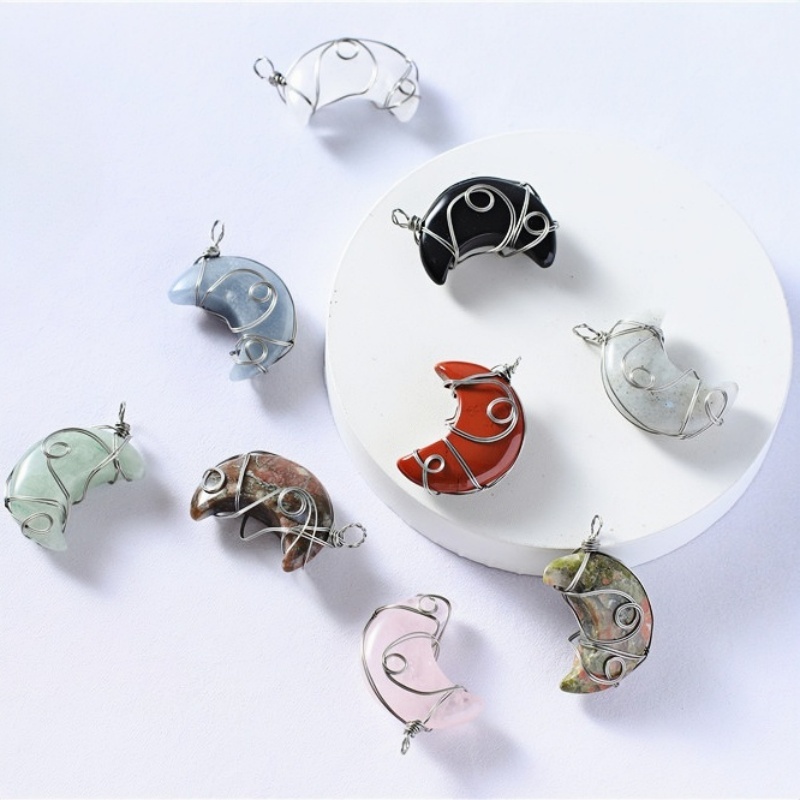 Natural Gemstone Steel Wire Moon Pendant for Making Jewelry