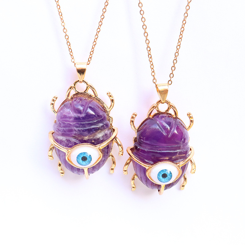 Gemstone Golden Beetle Eye Pendant Necklace 45CM Chain