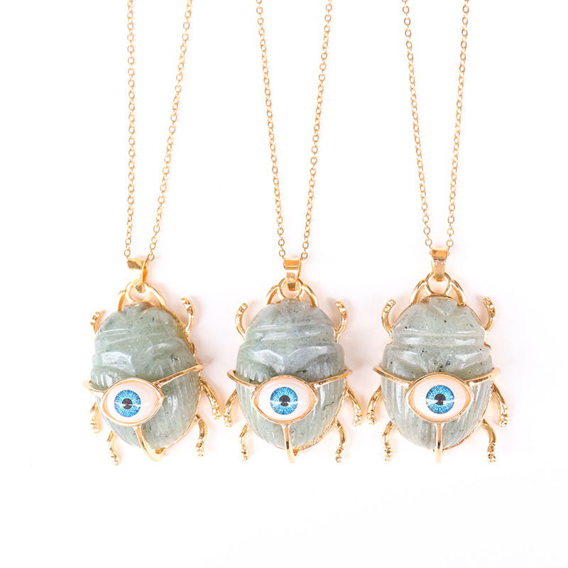 Gemstone Golden Beetle Eye Pendant Necklace 45CM Chain